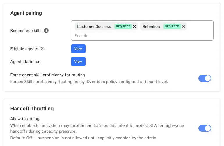 ExpertLoop™ agent pairing on an intent: required skills with enforced proficiency, eligible agents, and handoff throttling
