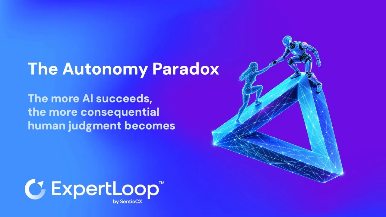 Cover graphic titled 'The Autonomy Paradox — the more AI succeeds, the more consequential human judgment becomes', showing a robot on a glowing Penrose triangle reaching down to pull a human up, with the ExpertLoop™ by SentioCX logo