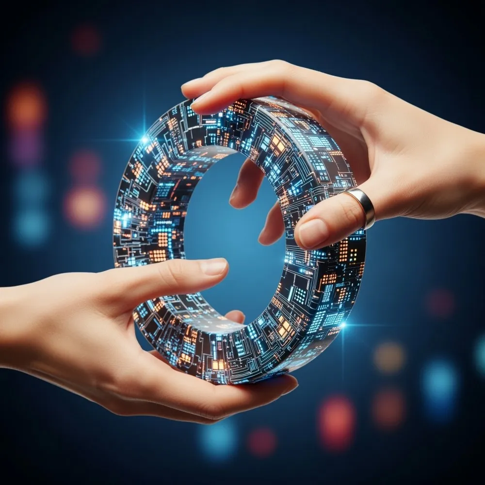 Two hands jointly holding a glowing ring of circuit boards, symbolizing shared control between humans and AI